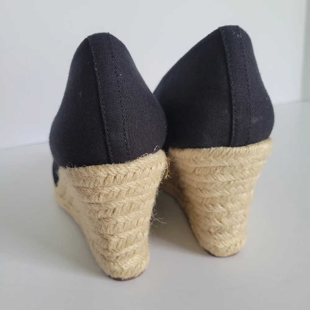 J. Crew Black Canvas Espadrille Wedge Pumps with Natural Jute
